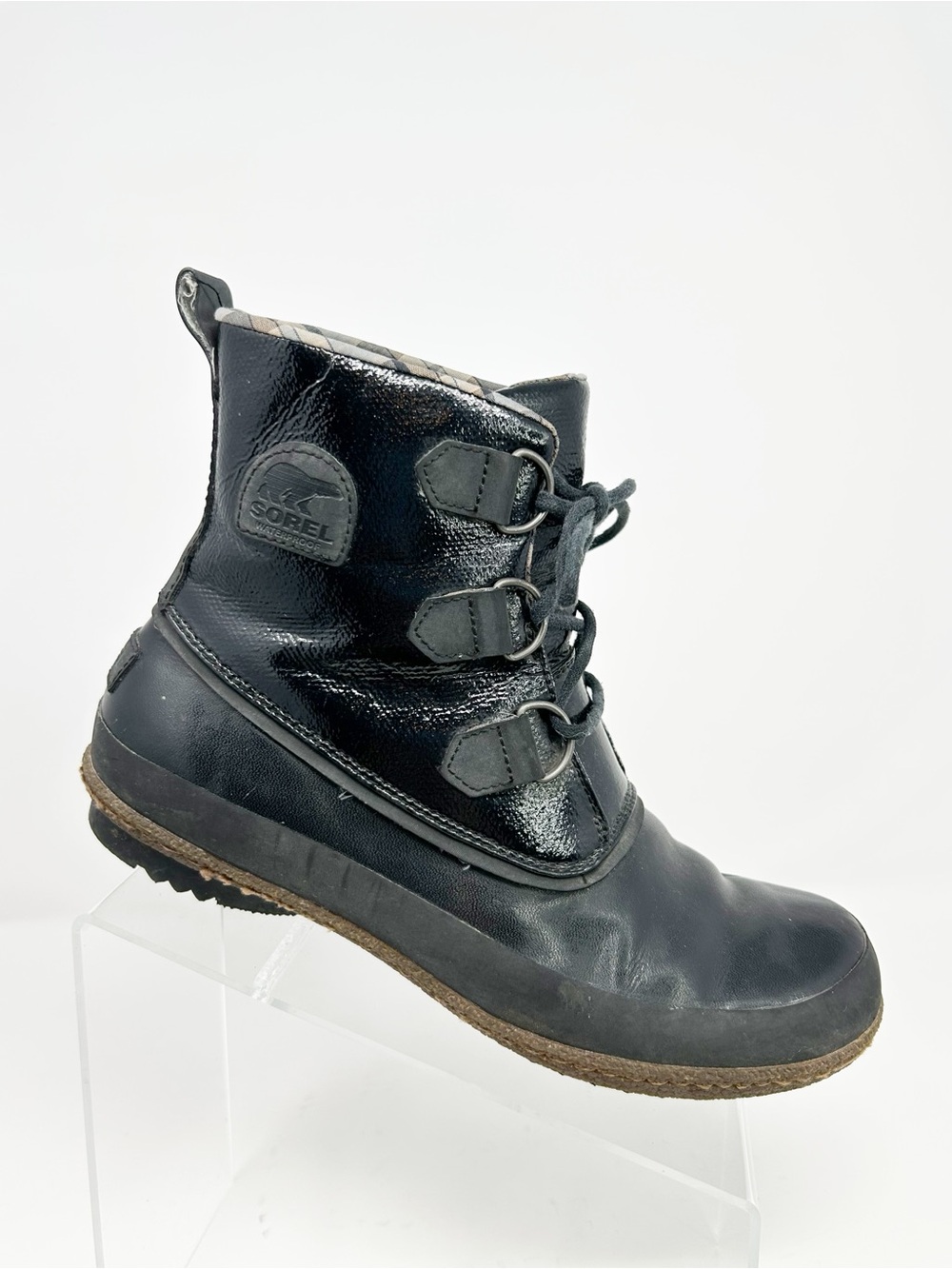 Sorel Joplin Rain Boots Black Waterproof Lace-Up Ankle Plaid Lined Size 10